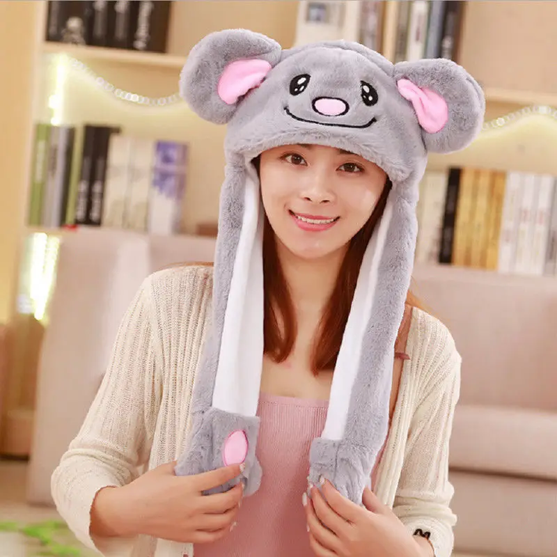 Kawaii Plushed Hat для женщин и девочек с регулируемыми ушами, милые Мультяшные животные, многоцелевая женская теплая шапка + шарф + коготь перчатка