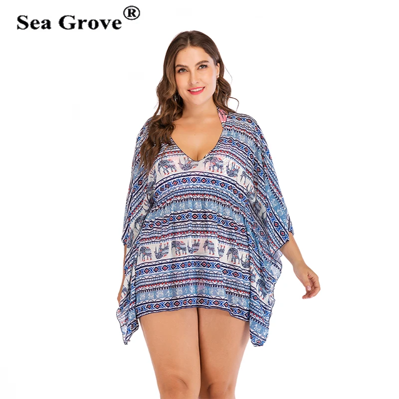 

Women Bathing Suit Covers Dreses Print Plus Size Cover Up 3/4 Length Batwing Sleeves Female Beachwear Women beach dresses