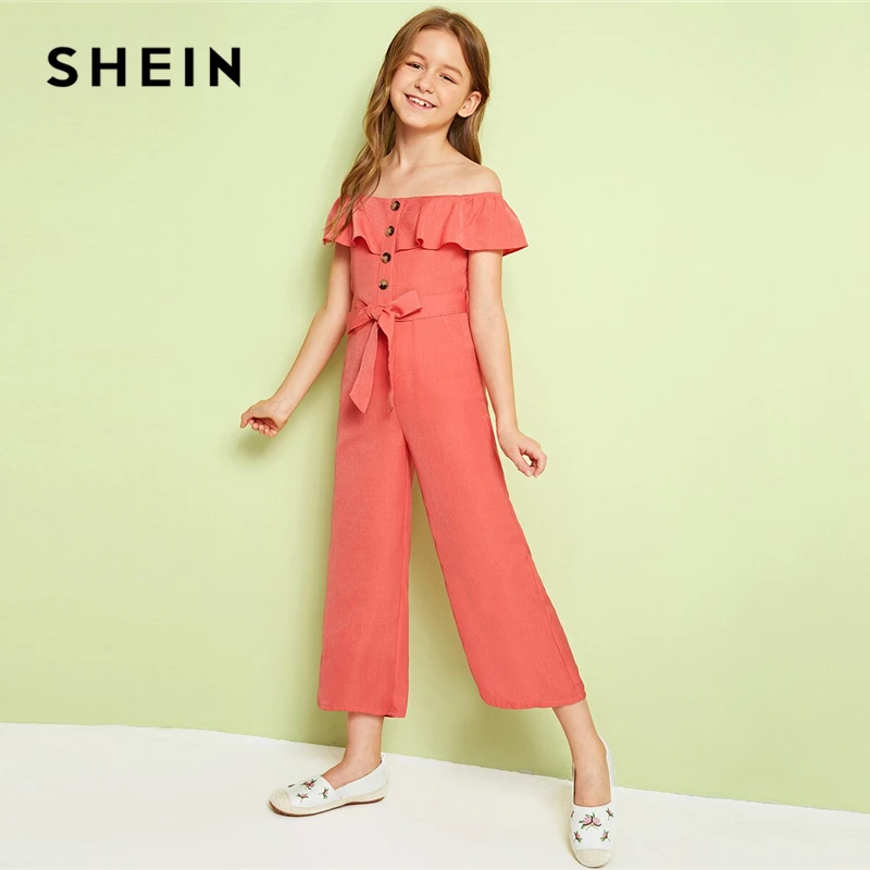 

SHEIN Kiddie Orange Off The Shoulder Button Front Ruffle Boho Jumpsuit With Belt 2019 Summer Holiday Wide Leg Jumpsuits For Kids