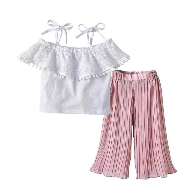 Шифоновая однотонная летняя футболка с кружевным поясом и рюшами для маленьких девочек топы, длинные штаны, брюки, повседневные наряды