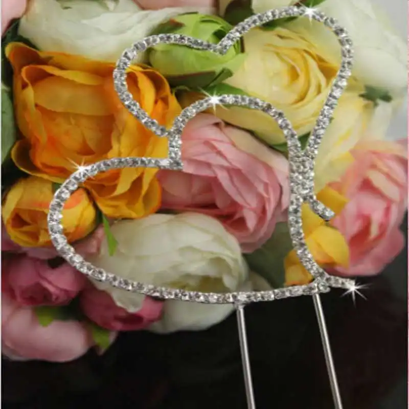 Brand Romantic Crystal Rhinestone Silver Double Heart Cake Topper Wedding Decoration Newsale Hot Sale