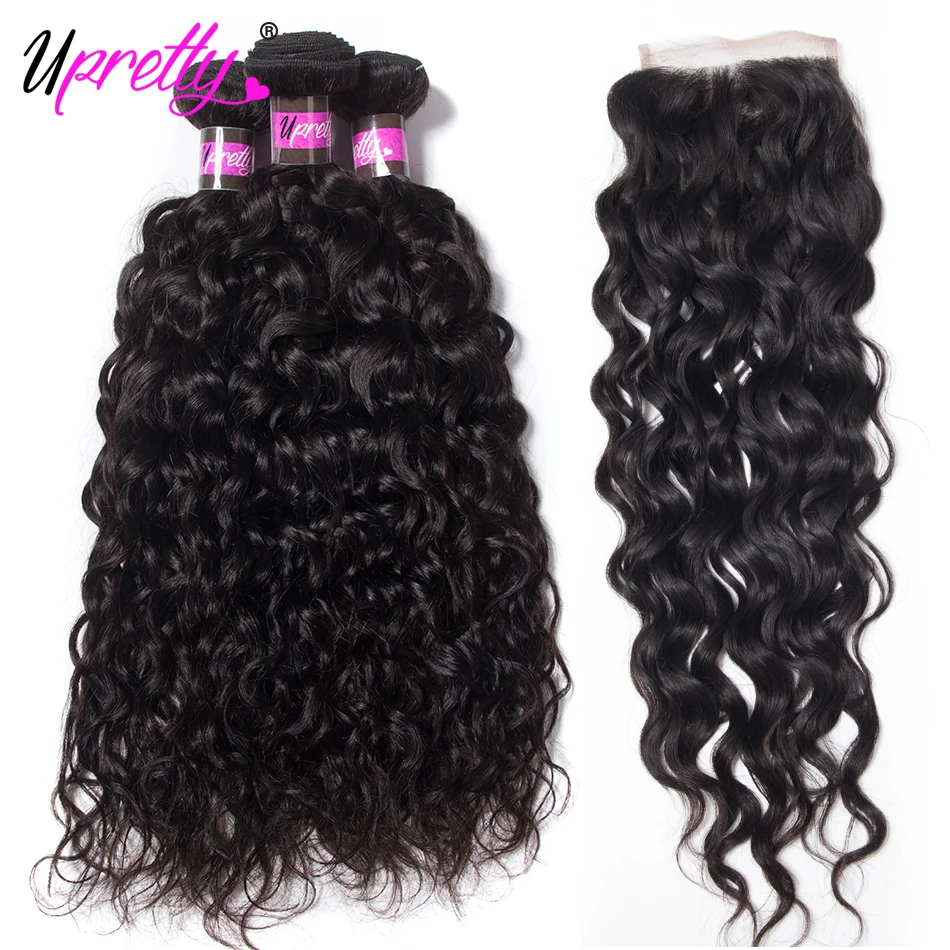 Upretty Indian Hair Bundles With Closure Wet And Wavy Human Hair 3 Bundles With Closure Indian Water Wave Bundles With Closure