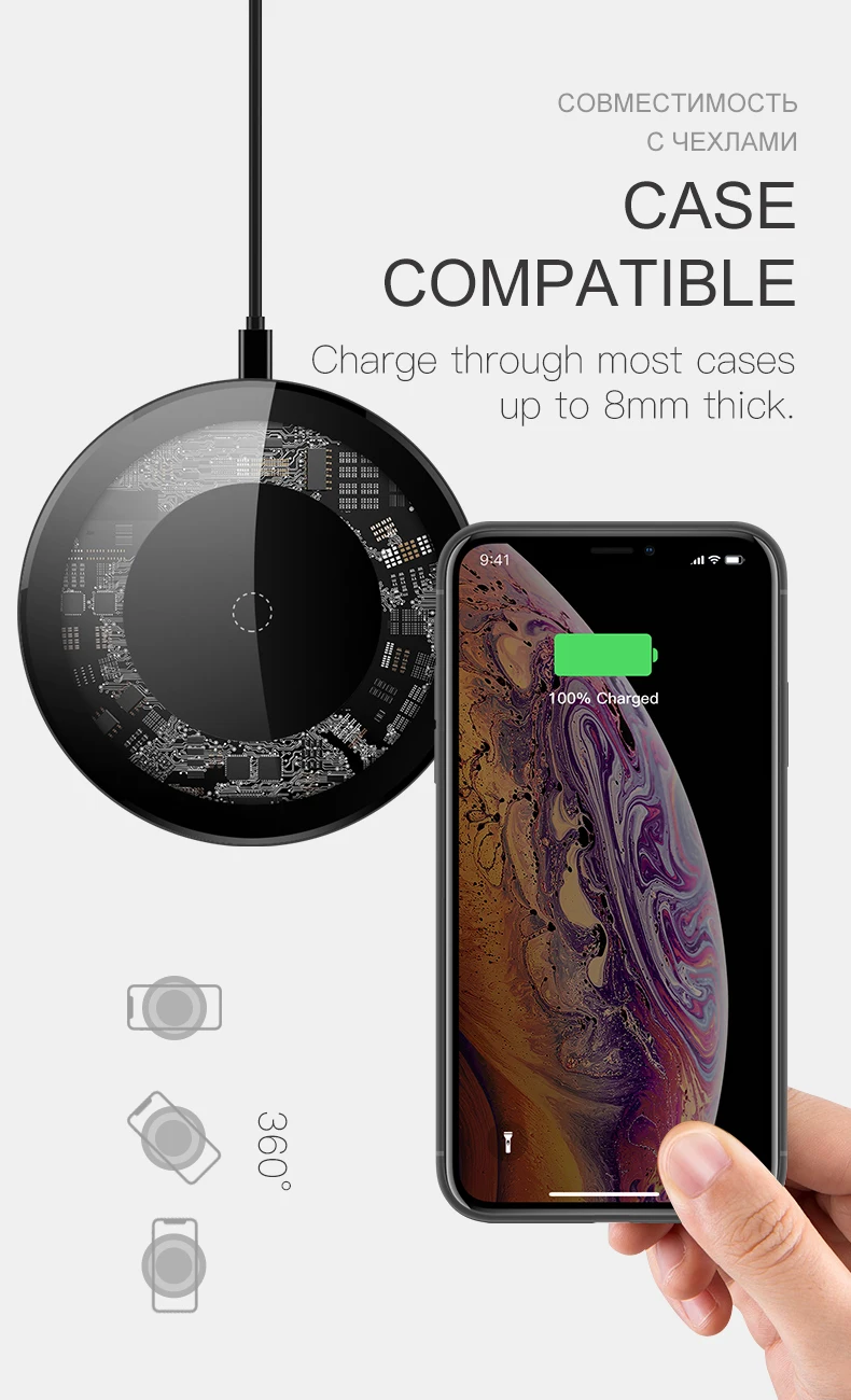 IONCT 15 Вт Быстрое беспроводное зарядное устройство для iPhone X XS 11pro Видимый USB Qi зарядный коврик для samsung S8 S9 Note 9 телефон Беспроводное зарядное устройство