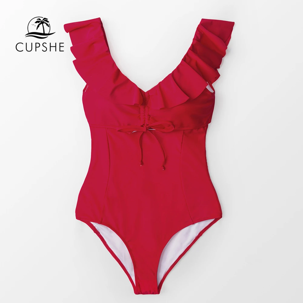 Comprar Traje de baño de una pieza con volantes rojos CUPSHE mujer Sexy atado arco Monokini 2020 chica sólido bañador recortado