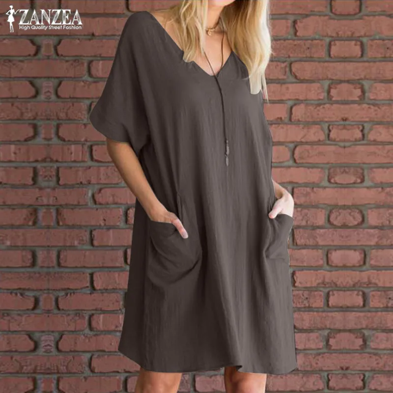 Плюс Размеры RShirt платье Для женщин летний сарафан ZANZEA Винтаж Повседневное роковой женщины платье-туника с v-образным вырезом сарафаны Vestidos S-5XL