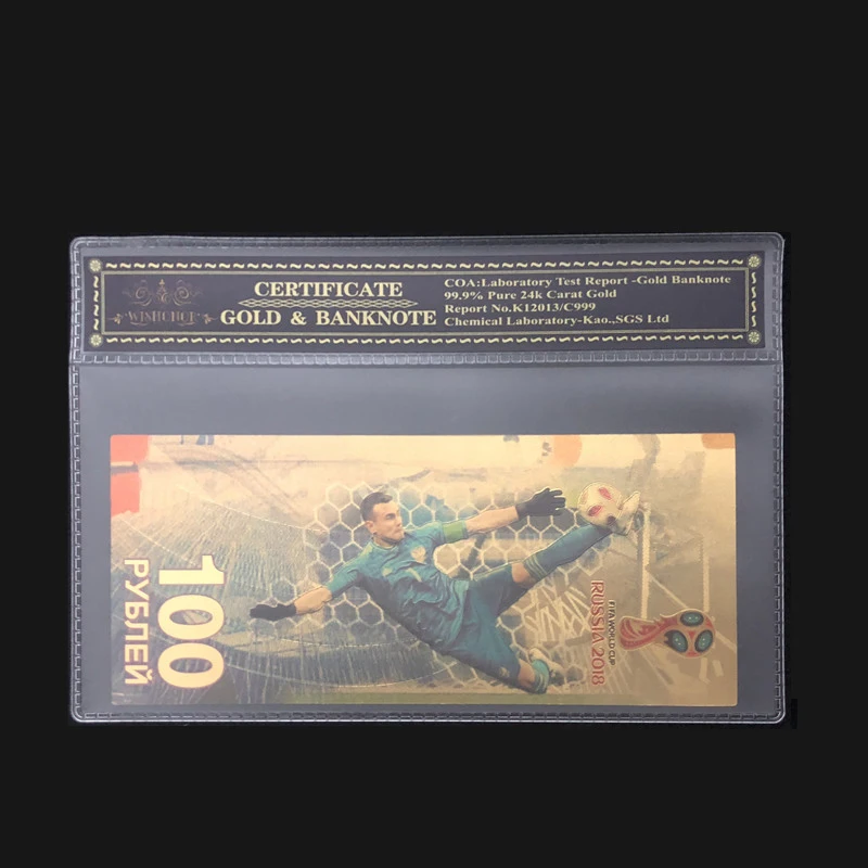 

Nice 2018 Russia Akinfeev Banknote World Cup Banknote 100 Rubles Banknote in 24k Gold with COA Frame For Collection and Gift