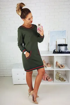 

Spring Women Dress Clothing Casual Office Business Dress Big O-neck Pocket Fitted Dress Women Elegant Dress