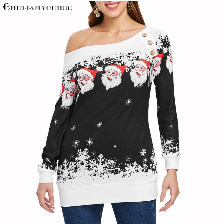 Christmas Sweatshirt Off Shoulder Top Buttons Clothing Womens 2019 New Year Dress Print Santa Cute Autumn Winter Women Pullover (2)