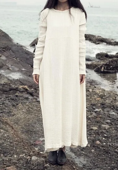 Long sleeve O neck Solid Black White Women Autumn Dress Cotton Linen Loose Casual Long Dress