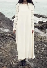 À manches longues O-cou Solide Noir Blanc Femmes Automne Robe Coton Lin Lâche Occasionnel Robe Longue Vintage Kawaii Mignon Robe Femme
