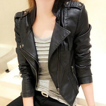 

Women Fashion Faux Leather Jacket Turn-down Collar Short Coat Slim Fit Top