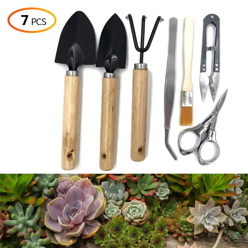 7 pcs Mini Garden Tools Set Plant Shovel Gardening With Wooden Handles Metal Head Gardener Bonsai Tool Garden Tools (1)