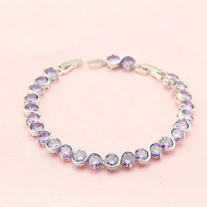 Круглый фиолетовый кубический циркон серебро 925 комплекты украшений для женщин серьги браслет кулон ожерелье кольцо подарок на день рождения коробка