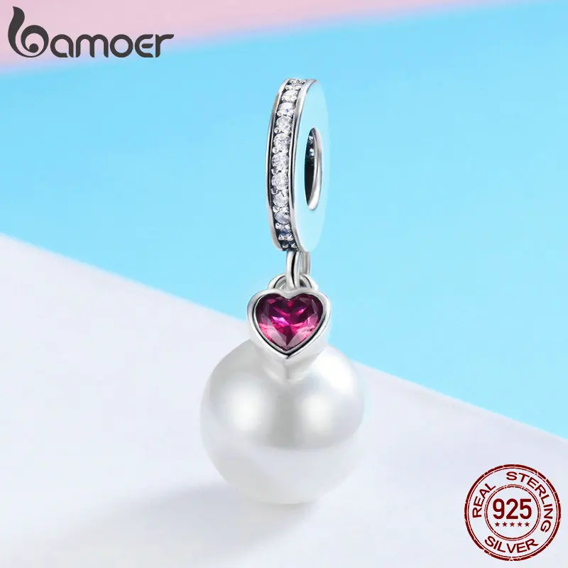 BAMOER Genuine 925 Sterling Silver Elegant Pearl Heart CZ Pendant Charms Fit Bracelets& Necklaces Chain Fine Jewelry SCC782