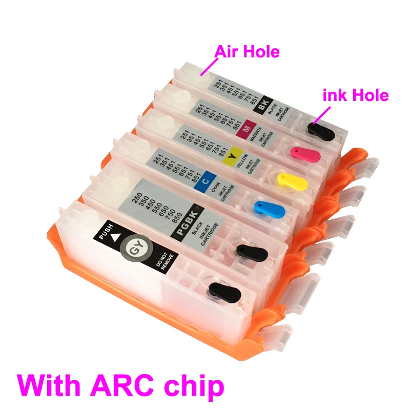 

6 colors PGI-750 CLI-751 refillable ink cartridges for Canon PIXMA MG6370 MG7570 with ARC chip