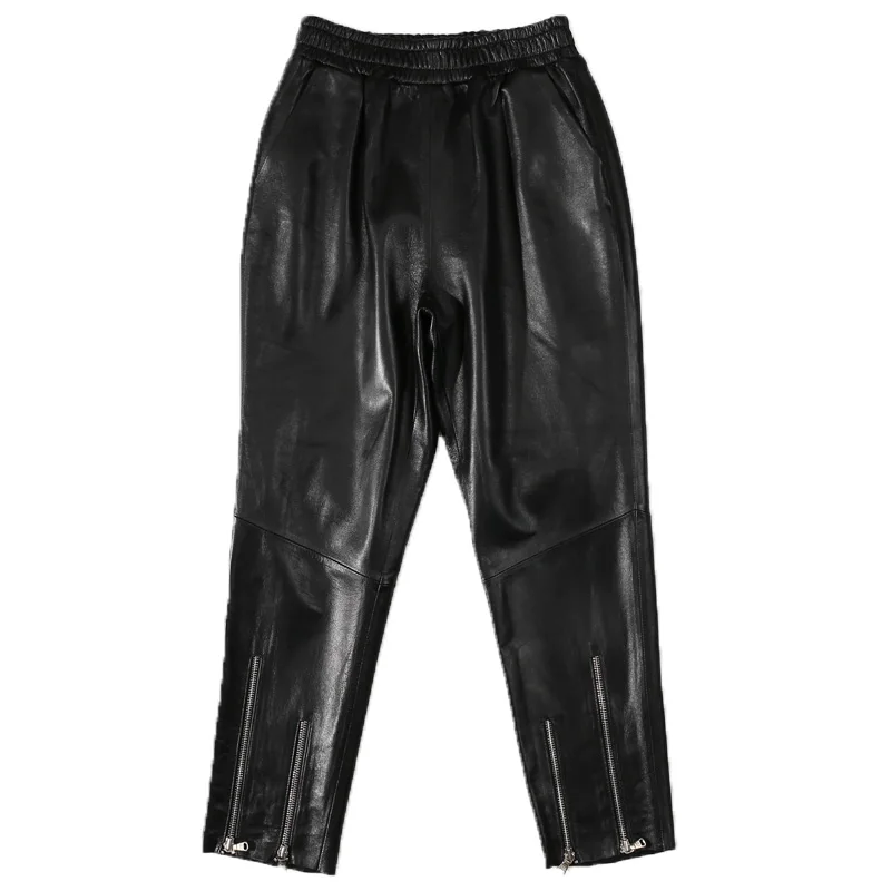 Модные из натуральной овечьей кожи; женский, черный с эластичной резинкой на талии Штаны тонкие корейские брюки со складками на молнии из натуральной кожаные штаны