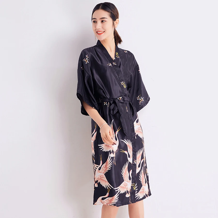 Sexy BLACK Women Robe Summer Casual Silky Sleepwear Female Print Kimono ...