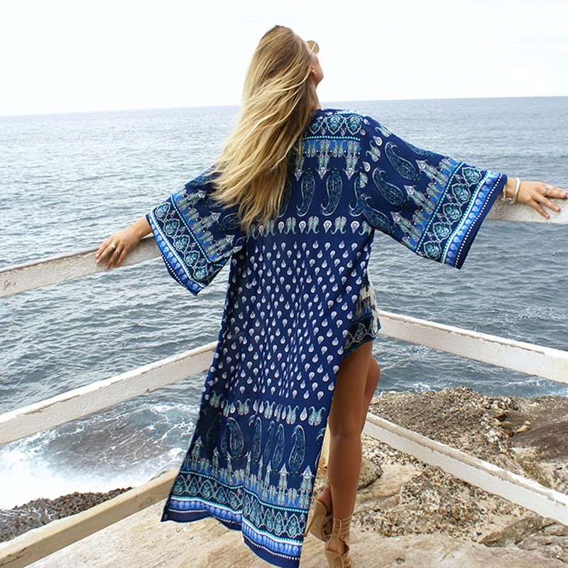 Summer Women Sexy Swimsuit Cover Up Long Sleeve Plus Size Kimono