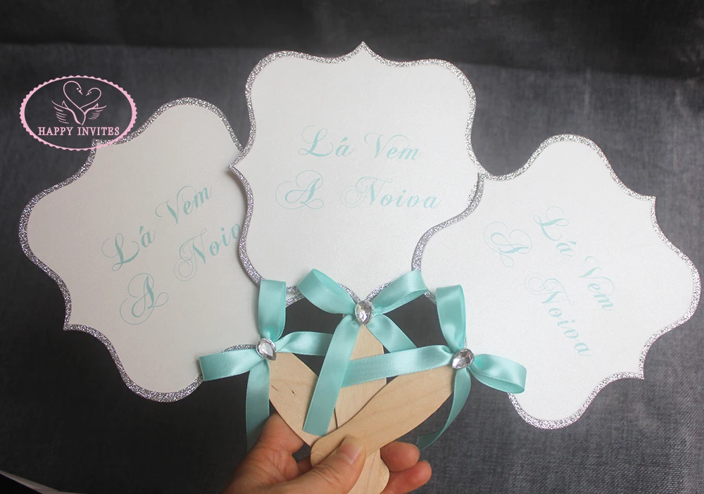 HI9034-06 Customized GliCustomized Glitter Fan Shape Place Card Menu Card Table Card Wedding Program with Wooden Handle