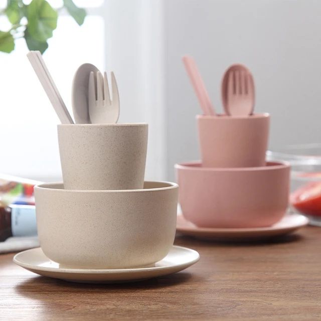 6pcs/set Baby Children Tableware Set Tableware Wheat Straw Household Dishware Set Simple Dishes Salad Soup Bowl Steak Plate 2