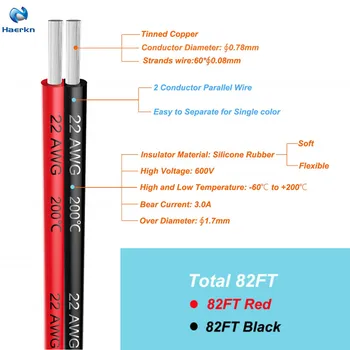 

2pin Extension Cable Wire Cord 22awg Silicone Electrical Wire 50meter[Black 25m Red 25m] 2 Conductor Parallel Tinned copper wire