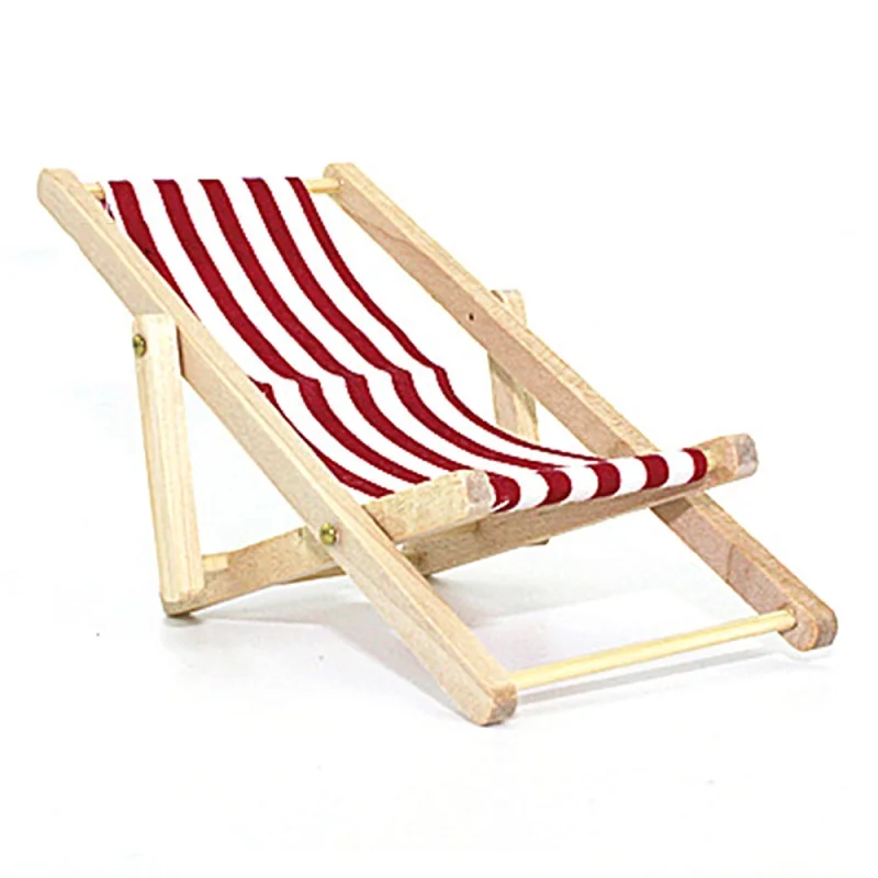 1:12 Mini Stripe Foldable Wood Beach Chair Recliner Sunbathing Chair Chaise Lounge Chair Dollhouse Furniture for Barbie Toy