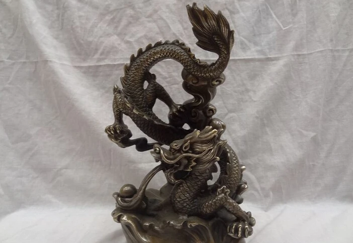 

USPS to USA S1421 12" Chinese Bronze Copper Decoration Palace Year Zodiac Fly Dragon Ball Statue (B0413)
