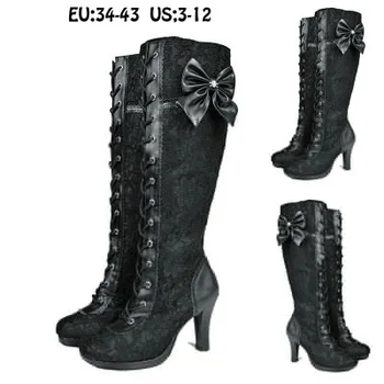 

Women Lace Bow Knot High Heels Boots Shoes Ladies Lace Up Bandage Long Motorcycle Boots Shoes Riding Party Boots Plus Size 34-43