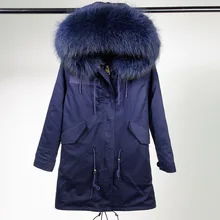Winter Women Fur Parka Female Lady Navy Color Plus Size Fur Coat Long Faux Fur Liner Parka Jacket Real Raccoon Fur Hooded Parka