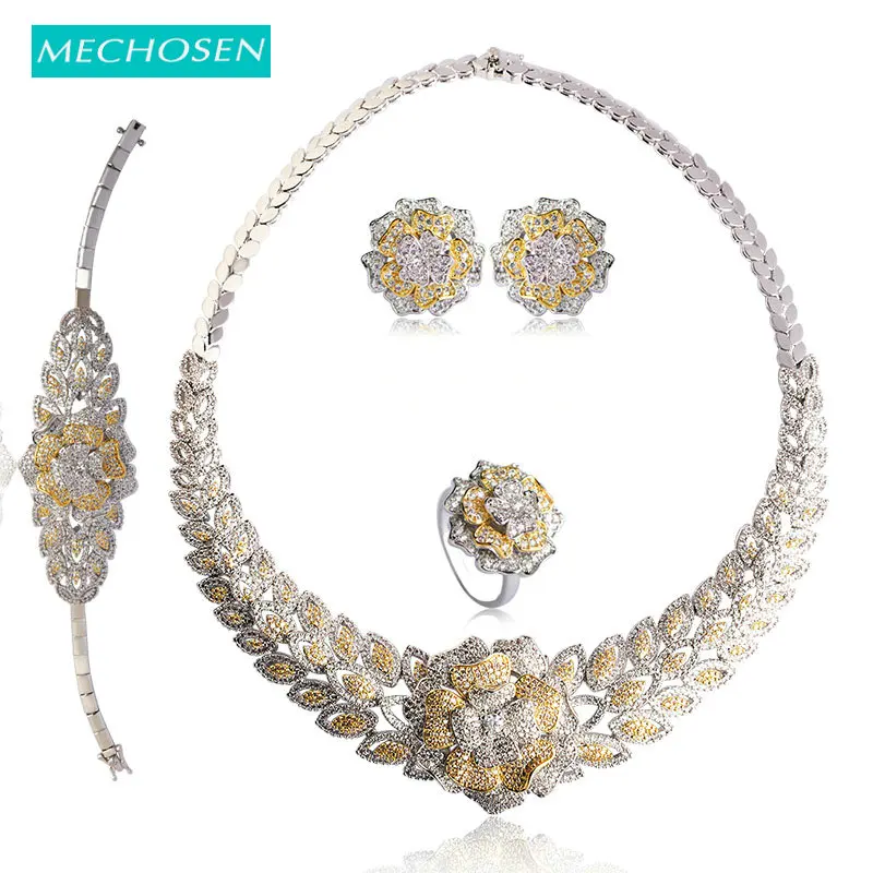 

MECHOSEN Luxury Nigerian Wedding Jewelry Sets For Women 2 Tone Gold Silver Color Mixed Zirconia Necklace Earrings Ring Bracelet