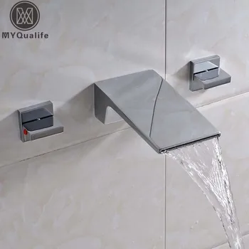 

Newly Waterfall Long Spout Bathroom Tub Sink Faucet Wall Mounted Dual Handle Lavatory WC Basin Mixer Taps Chrome Finish