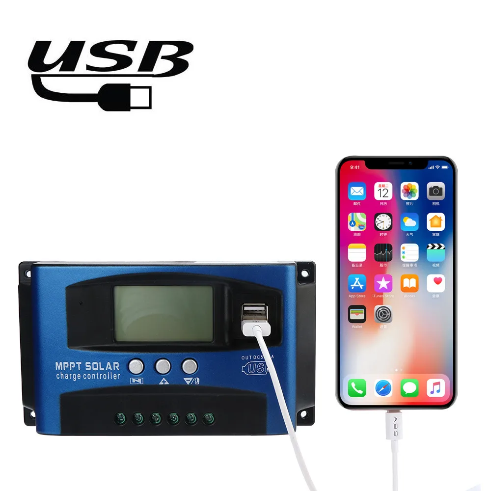 Контроллер заряда солнечной батареи MPPT 40/50/60/100A с двойным USB ЖК дисплеем 12 В 24