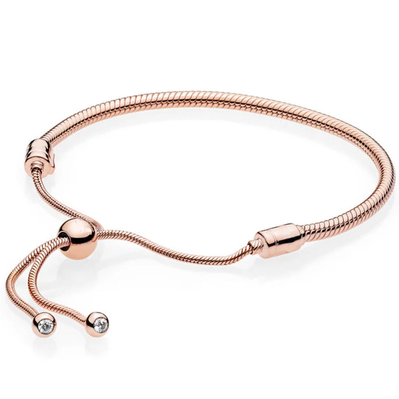 

925 Sterling Silver Rose Gold Moments Sliding Clasp Adjust Pan Bracelet Bangle Fit Women Bead Charm Diy Europe Jewelry