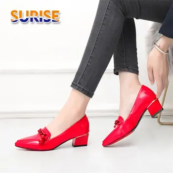 

2019 British Women Chain Loafers Patent Leather Pointed Toe Slip-on Flats Mid Block Heel Retro Oxford Casual Moccasin Lady Shoes