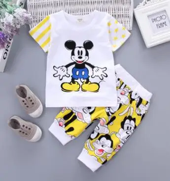 Новая летняя футболка с Микки Маусом для мальчиков и девочек+ шорты с героями мультфильмов комплекты из 2 предметов детская одежда для отдыха с дырками для мальчиков - Цвет: yellow