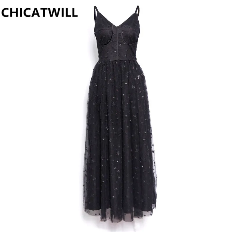 

CHICATWILL 2019 Summer Women V-neck Stars sequins Long Mesh Dresses Sleeveless Party Dress for Ladies Vestidos