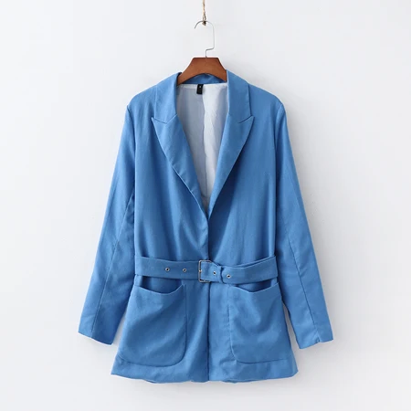 YNZZU шикарный однотонный синий Повседневный блейзер для женщин осень длинный рукав Женская рабочая одежда пояса женские куртки верхняя одежда Карманы AO974 - Цвет: Синий