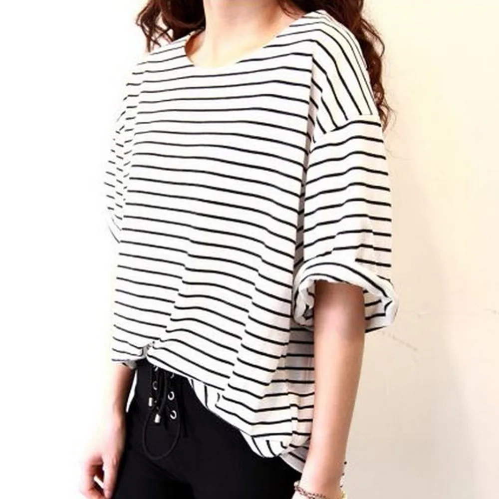 2017 Korean T Shirt Women Summer Classic Tshirt White Black Striped