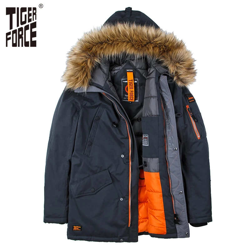

TIGER FORCE High Quality Men Padded Parka Cotton Coat Winter Jacket Mens Winter Coat Thick Parkas Artificial Fur Free Shipping