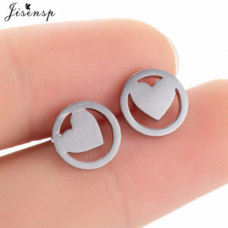 

Jisensp Korean Fashion Heart Stud Earrings for Girls Stainless Steel Jewelry Simple Geometric Round Earing Women Gift Oorbellen
