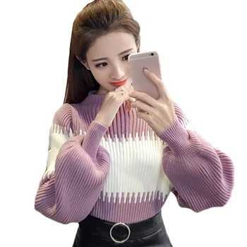 

2020 Autumn New knitted Sweater Pullover Women Fashion Stitching Lantern Sleeve Elastic Knit Sweater Bottoming Shirt Casual Tops