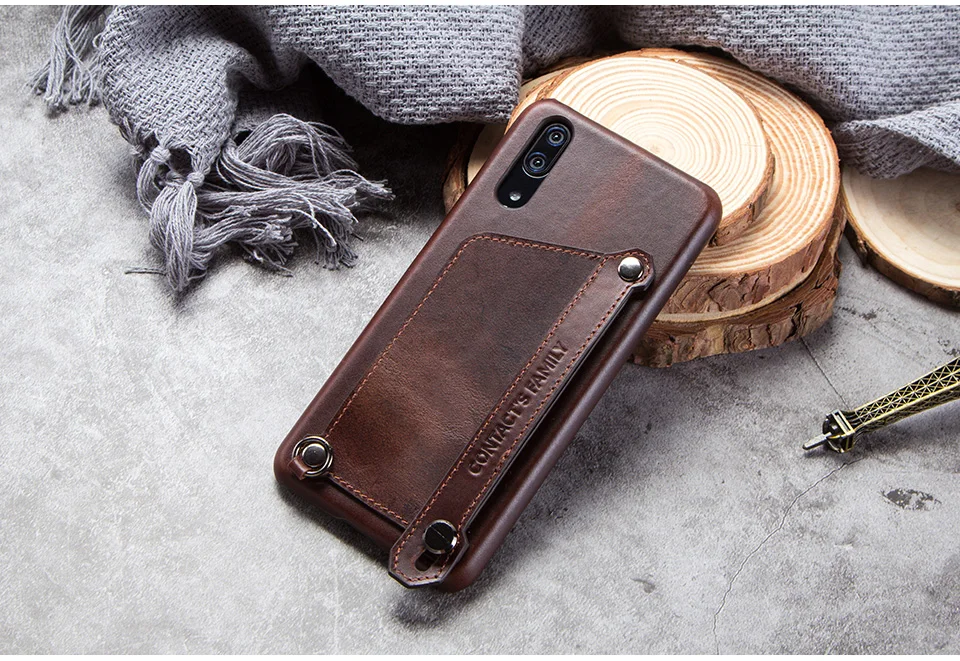 For Huawei P20 Tactile Elegant Genuine Leather Case With Hand Strap Wallet Case For Huawei P20 Back Protective Cover Coque cute huawei phone cases