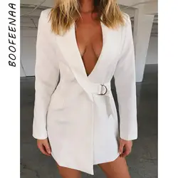 BOOFEENAA Модный Белый Длинный блейзер для женщин осень 2019 металлическая пряжка глубокий v-образный вырез сексуальный женский костюм куртка