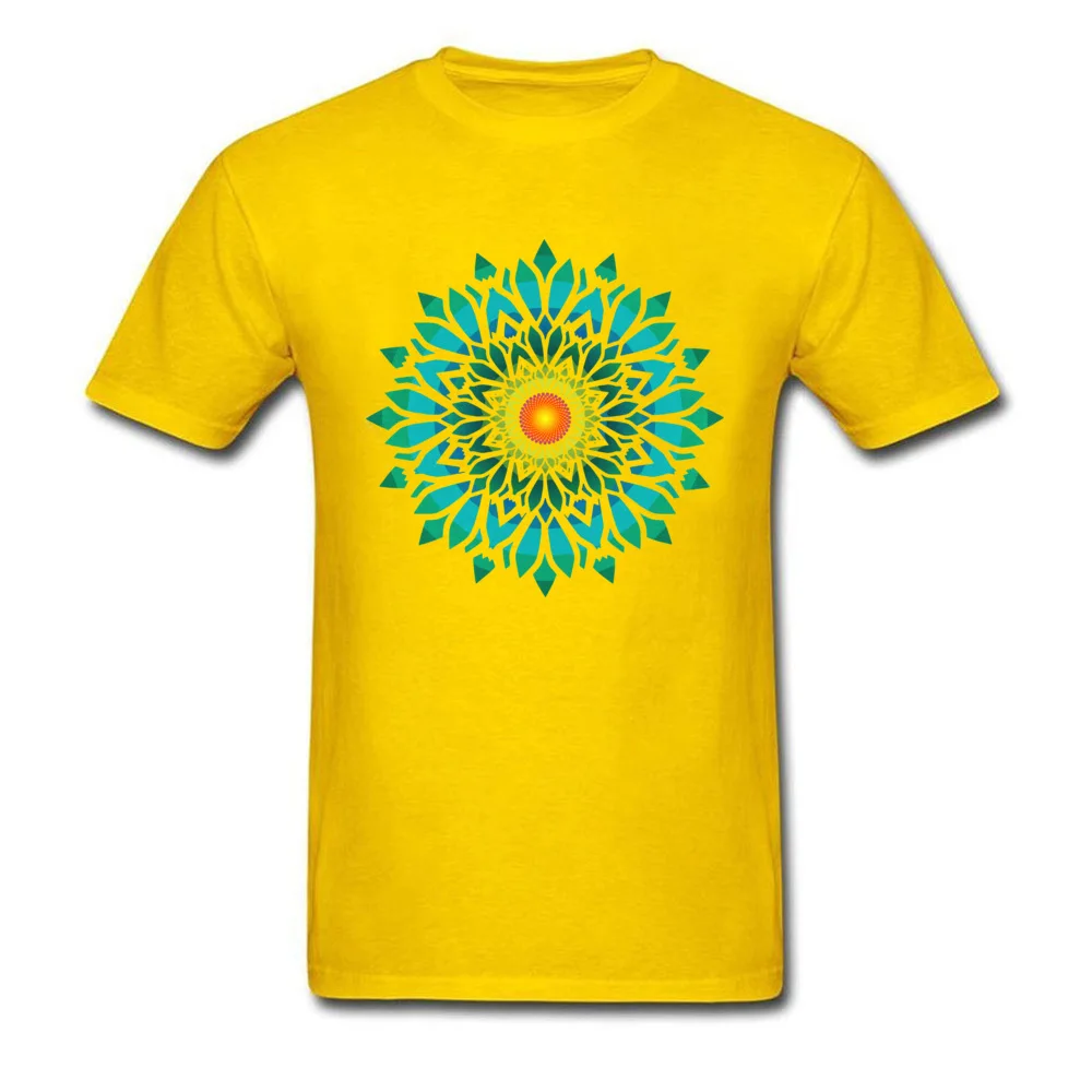 All Cotton Male Short Sleeve Blooming Sun Flower Mandala Top T-shirts Custom Tops Tees Fitted Casual O-Neck T Shirt Blooming Sun Flower Mandala yellow