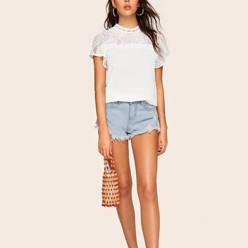 

2019 Summer Lace T-Shirt Women Loose Solid Color Chiffon Splice Short Sleeve Hollow 1PC Tops For Ladies All-Match Beauty Camisa