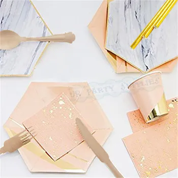 

120 Sets Marble Pink with Gold Disposable Tableware Paper Plates Cake Dishes Drinkng Cups Straws Wooden Cuterly Fork Spoon Knife