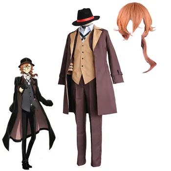 

Nakahara Chuuya Cosplay Costume Anime Bungo Stray Dogs suits Men Middle Ages Retro Riding equipment Costume Overcoat with wig