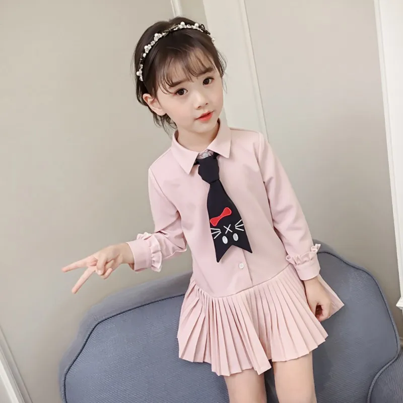 

2-7T clothes for Girls Dresses Spring Autumn Lapel Princess Bow Tie Print Pleated Stitching Sweet Long Sleeve Dress