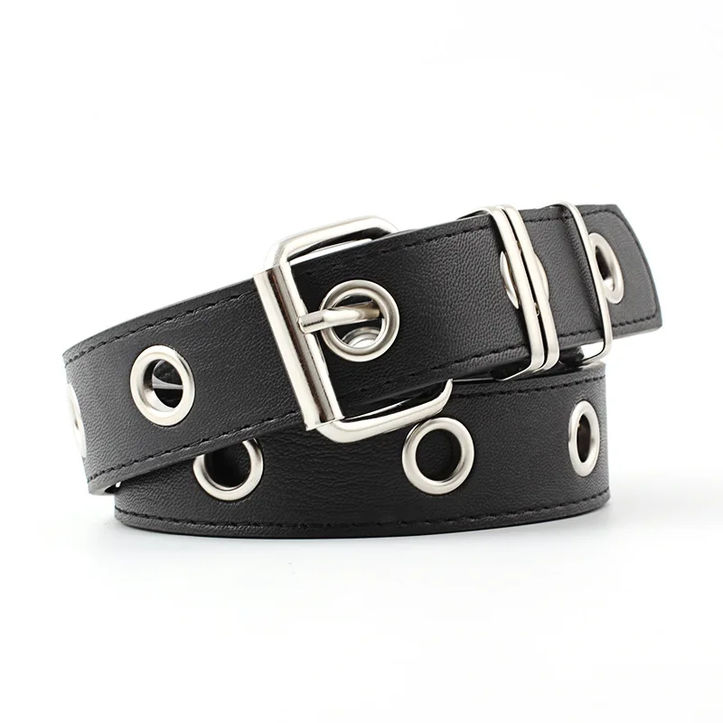 Women Punk metal chain PU leather Fashion Belt Adjustable Single Eyelet Grommet Leather Buckle Belt Multicolor selection - Цвет: black