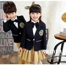 Детская темно-синяя хлопковая школьная форма в британском стиле, костюм для девочек и мальчиков, пальто+ рубашка+ юбка, шорты Одежда с галстуком